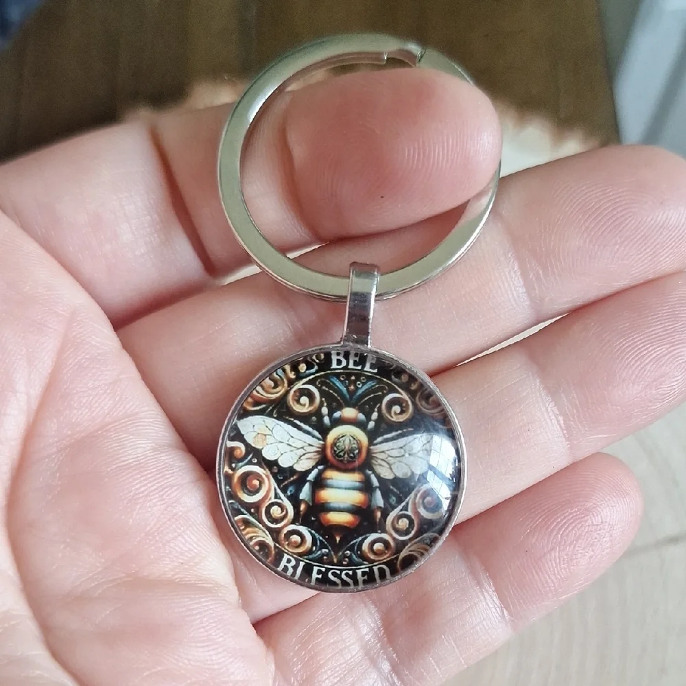 Bee Blessed Glass Cabochon Keychain | Boho Cottagecore Charm
